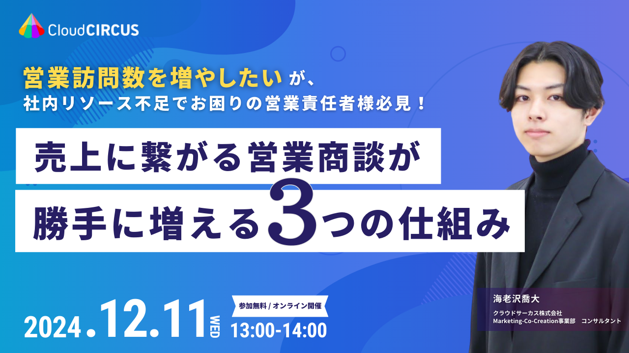 【12/11(水)】営業訪問数を増やしたいが、社内リソース不足でお困りの営業責任者様向け　売上に繋がる営業商談が勝手に増える3つの仕組み